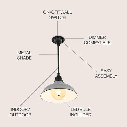 JONATHAN Y 12.25" Gray/Black 1-Light Farmhouse Indoor/Outdoor LED Pendant Iron Hanging Light, and Black Metal Shade, Rustic Ceiling Lamp for Kitchen Island, LED Bulb Included (JYL7611D)