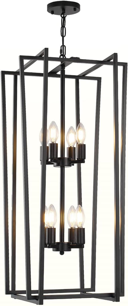 8-Light Tiered Lantern Pendant Light Fixtures,Large Foyer Chandeliers for High Ceilings,Industrial Foyer Lighting Fixtures,Long Chandeliers for High Ceilings,Farmhouse Chandelier for Entryway, Black