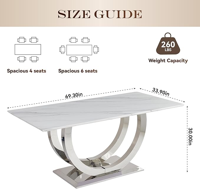 69.3" Luxury Dining Table for 4 6, White Marble Kitchen Dining Room Tables with 0.98" Thick Faux Marble Top & Stainless Steel Pedestal, Modern Silver Rectangular Dinner Table for Kitchen