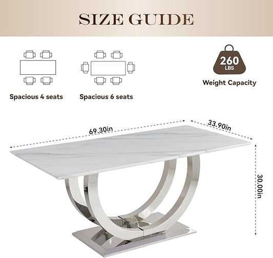 69.3" Luxury Dining Table for 4 6, White Marble Kitchen Dining Room Tables with 0.98" Thick Faux Marble Top & Stainless Steel Pedestal, Modern Silver Rectangular Dinner Table for Kitchen
