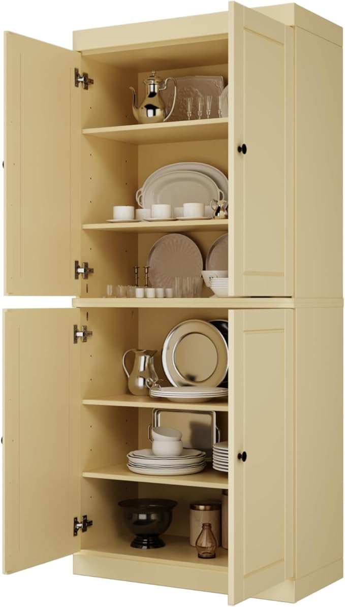Palace Imports Solid Wood Kitchen Pantry Cabinet - 71.5" Tall x 32" Wide - Wooden Storage Cabinet with 4 Doors & Adjustable Shelves, Yellow, 100% Renewable Eco-Friendly Wood, Made in Brazil
