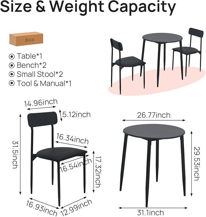 walsport Round Dining Table Set for 2, 3-Piece Wood Tabletop Samill Kitchen Table and Chairs with Strong Metal Frame, Modern Dinette with Chairs for Small Spaces Living Room (Black)
