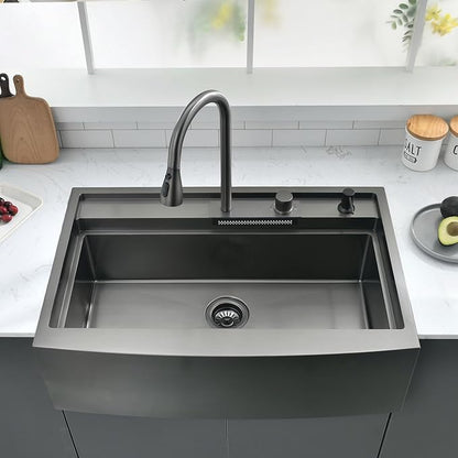 33 Inch Farmhouse Kitchen Sink Splash Guard Waterfall Workstation Black- VOKIM 33x22Inch Apron Front Kitchen Sik Stainless 16 Gauge Farm Sink With Multifunctional Top Loading Flying Rain pull-out