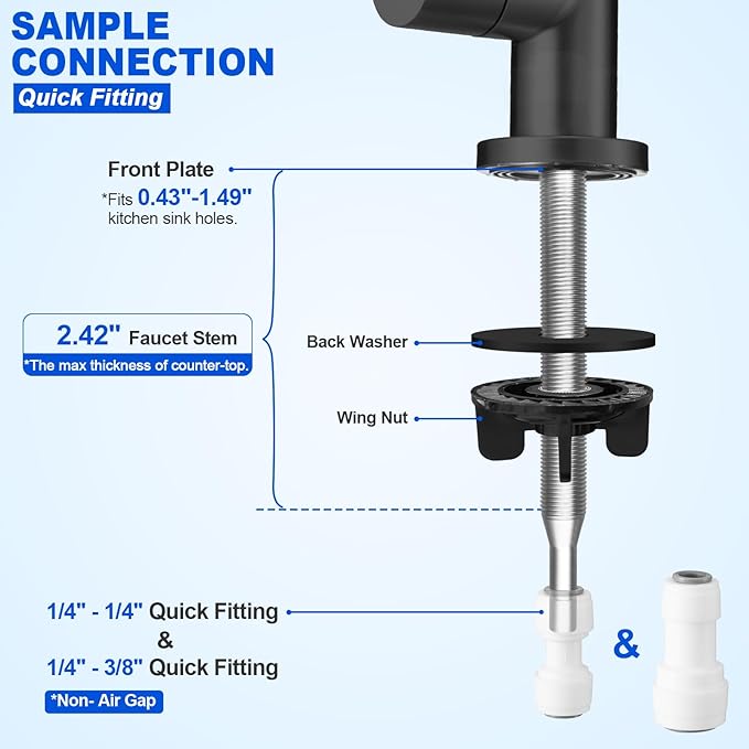 Drinking Water Faucet - Long Thread Stem Filtered Water Tap for Thick Countertop,Lead-Free RO Faucet with Hose and Push Connect Fittings(Matte Black)