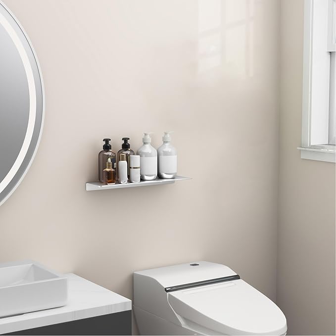 Danpoo Adhesive Floating Shelf for Wall Storage, Metal Wall Shelf for Bathroom/Living Room/Kitchen/Bedroom, Display Shelf for Collectibles(Silver, 16")