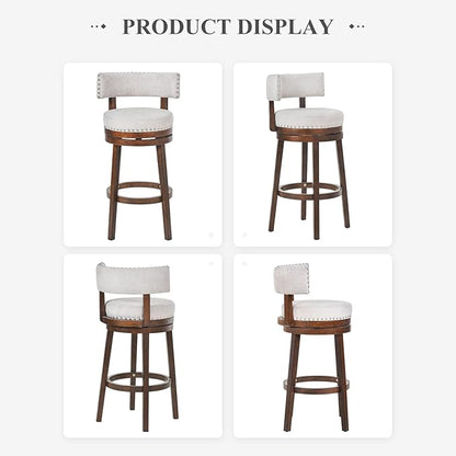 COLAMY Swivel Bar Stool Set of 2, Bar Height Bar Chair, Modern Barstool with Back, Upholstered Wood Barstool for Kitchen Island Dining Room, Beige