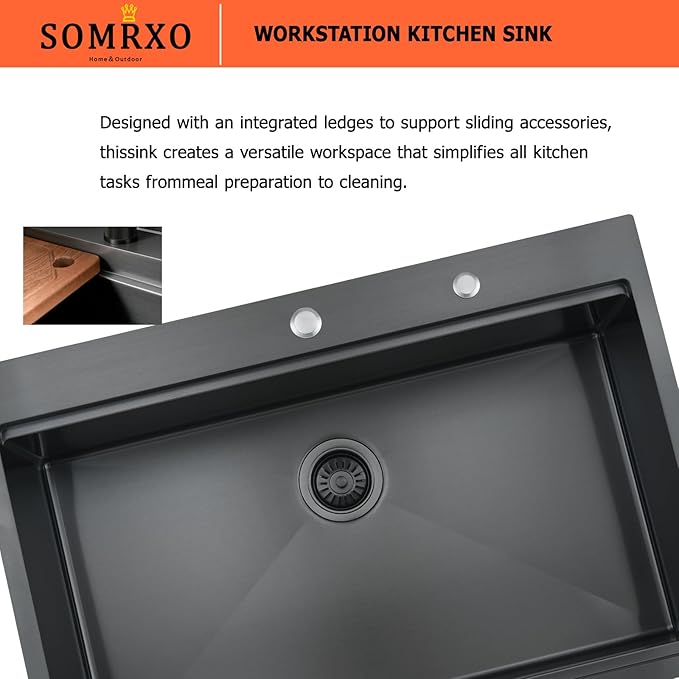 36×22 Black Drop In Kitchen Sink Workstation – 16 Gauge Black Stainless Steel Kitchen Sink, Large Top Mount Single Bowl Commercial Sinks with Accessories