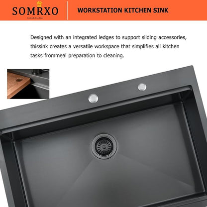 36×22 Black Drop In Kitchen Sink Workstation – 16 Gauge Black Stainless Steel Kitchen Sink, Large Top Mount Single Bowl Commercial Sinks with Accessories