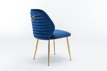 Modern Velvet Dining Chairs Set of 2, Woven Accent Kitchen Chairs with 4 Sturdy Golden Metal Legs, Luxurious Armless Side Chair with Ring for Indoor, Kitchen Island , Dining Room, Living Room (Blue)