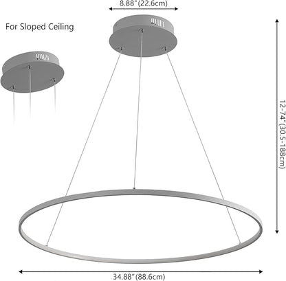JONATHAN Y 35" Gray Modern Integrated LED Pendant Light, Dimmable Round Hoop Chandelier for Kitchen Island, Dining Room, Adjustable Height Metal Hanging Light (JYL7220E)
