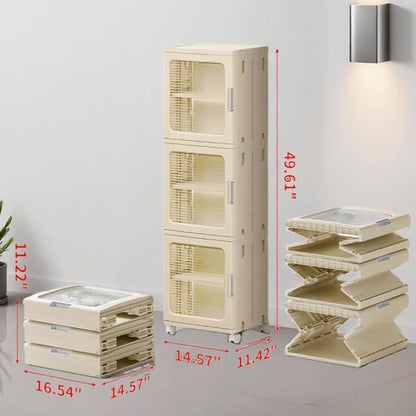 3-Tier Narrow Bathroom Storage Cabinet with Clear Doors and Adjustable Shelves, Plastic Slim Bathroom Organizers and Storage Small Spaces Pantry Kitchen Laundry Room Quick Assembly, Beige