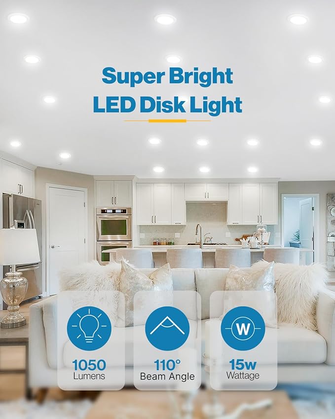 Sunco 12 Pack 5/6 Inch LED Disk Lights, Disc Lights Ceiling, LED Flush Mount Recessed Can Lighting, 1050 LM, 3000K Warm White, Dimmable, 15W=75W, Damp Rated ETL.
