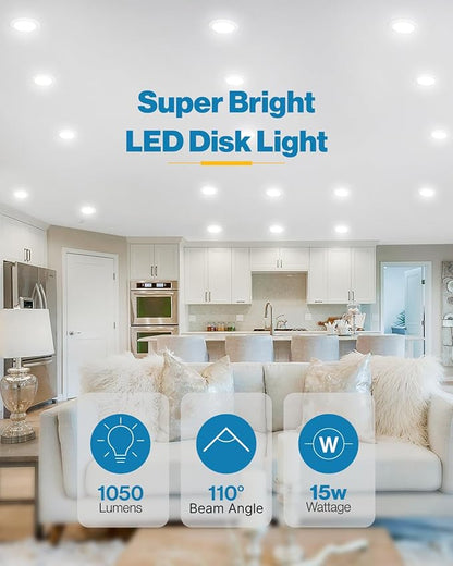 Sunco 96 Pack LED Disc Lights Ceiling 6 Inch, Flush Mount Disk Light, Recessed Can Lighting, 1050 LM, 15W (75W Equivalent), 4000K Cool White, Dimmable, Damp Rated ETL.