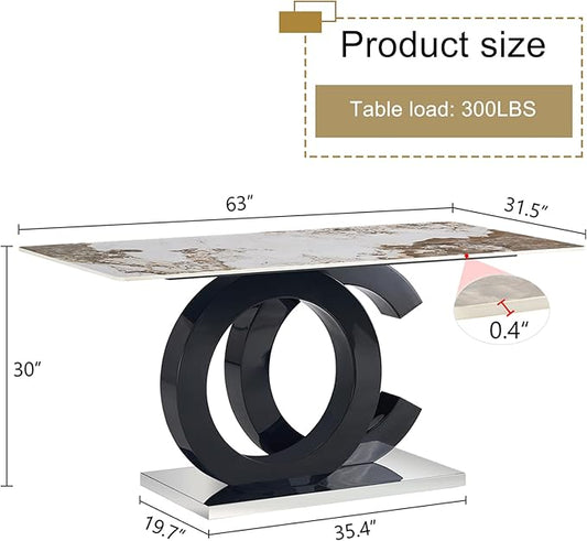 Ebullient 63" Marble Dining Table, Modern Rectangular Glass Kitchen Table, PDLB Marble Top with Black OC Design Base，Dining Room Tables for 4-6，Dinner Table