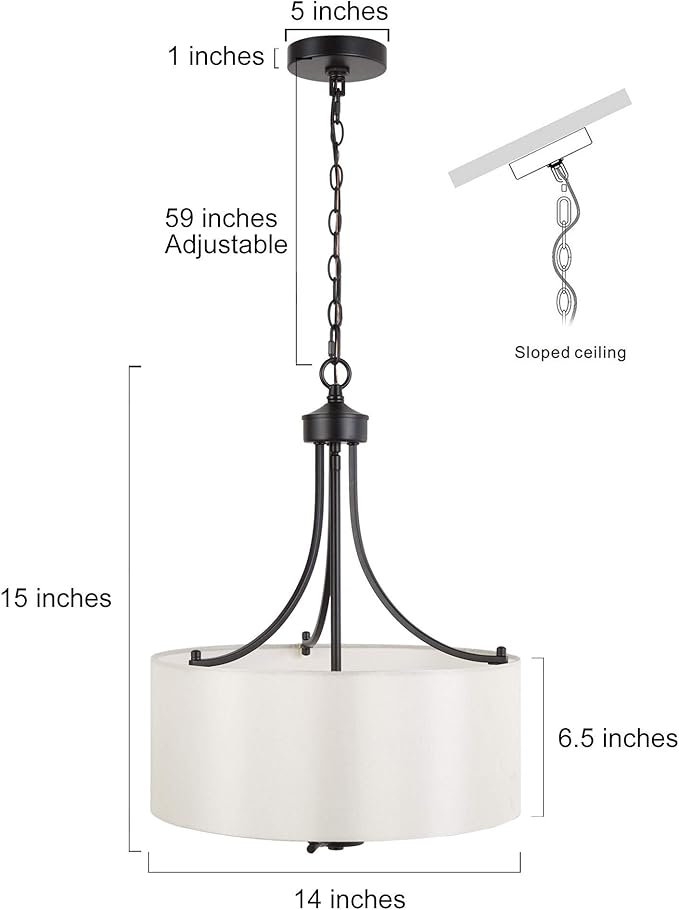 LALUZ Drum Lighting Chandelier, Farmhouse Chandeliers for Dining Room, Kitchen Island, Linen Fabric Shade, 16'' Dia