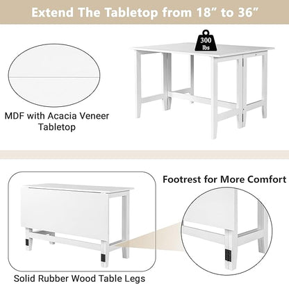 Merax Farmhouse Wood Extendable Dining Table with Drop Leaf for Small Places, Modern Freestanding Scalable Desk for Kitchen & Living Room, White