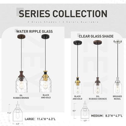 zeyu Large Pendant Lights Kitchen Island, Modern Hanging Lamp for Bedroom Living Room, Water Ripple Glass Shade, Black and Gold Finish, ZG33M1L-L BK+BG-WG