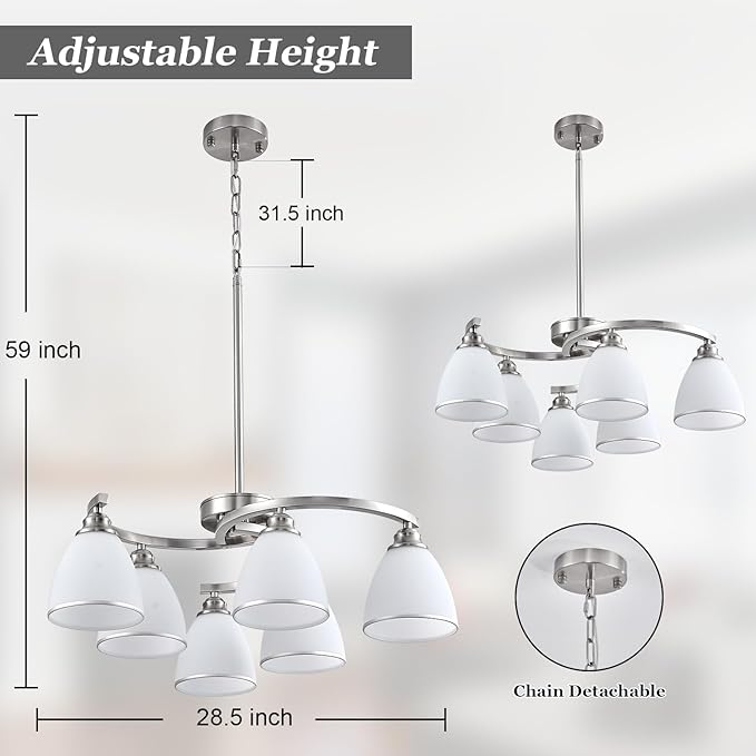 6-Light Brushed Nickel Chandelier Modern Farmhouse Dinner Room Light Fixture with Frosted Glass Lampshade, Rustic Round Adjustable Ceiling Pendant Light for Living Room, Over Table, Kitchen Island