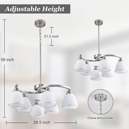 6-Light Brushed Nickel Chandelier Modern Farmhouse Dinner Room Light Fixture with Frosted Glass Lampshade, Rustic Round Adjustable Ceiling Pendant Light for Living Room, Over Table, Kitchen Island