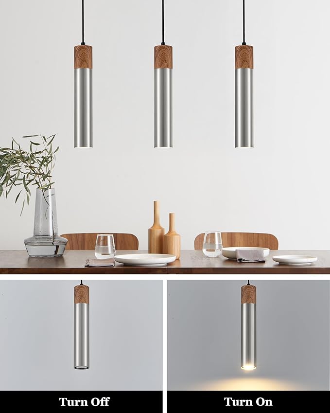 ELYONA Modern Pendant Light for Kitchen Island, Brown Wood Grain & Brushed Nickel Metal Bauhaus Hanging Light Fixture for Dining Room, Bedroom, Adjustable Height, GU10 LED Bulb Included, 1 Pack