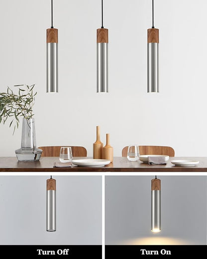 ELYONA Modern Pendant Light for Kitchen Island, Brown Wood Grain & Brushed Nickel Metal Bauhaus Hanging Light Fixture for Dining Room, Bedroom, Adjustable Height, GU10 LED Bulb Included, 1 Pack