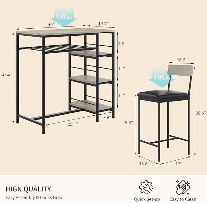 3-Piece Modern Dining Set, Dining Table Set with 2 Upholstered Bar Stools,Bar Table Set w/ Metal Frame&Built-in Wine Rack for Kitchen Dining Room Apartment Breakfast Nook 36"L x 16.7"W x 37.2"H Gray