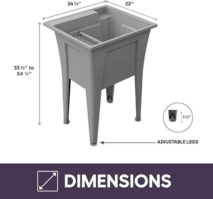 24” Utility Sinks for Laundry Room, Garage, Garden, Basement – Noah William Home Indoor and Outdoor Polypropylene Basement Wash Tub - No Faucet Included (Grey)