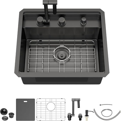 21 Inch Black Undermount Bar Sink Outdoor Kitchen Sink With Cover and Faucet 21x18x9 Inch 16 Gauge Stainless Steel Single Bowl Sink Indoor Outdoor