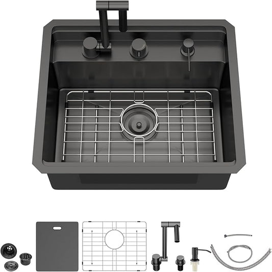 21 Inch Black Undermount Bar Sink Outdoor Kitchen Sink With Cover and Faucet 21x18x9 Inch 16 Gauge Stainless Steel Single Bowl Sink Indoor Outdoor