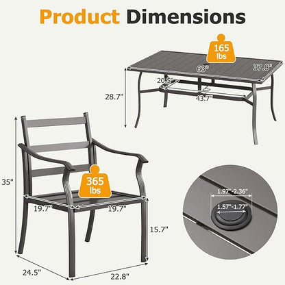 EROMMY 7-Piece Outdoor Patio Dining Set for 6, 6 Metal Slat Chairs & Rectangular Table with Umbrella Hole, Heavy-Duty Patio Furniture for Backyard, Deck and Garden