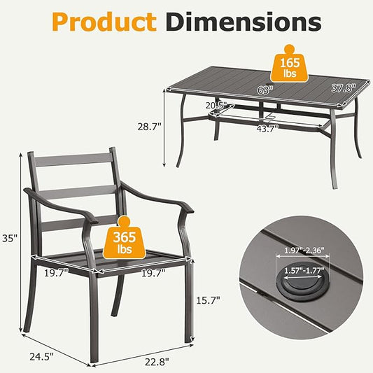 EROMMY 7-Piece Outdoor Patio Dining Set for 6, 6 Metal Slat Chairs & Rectangular Table with Umbrella Hole, Heavy-Duty Patio Furniture for Backyard, Deck and Garden