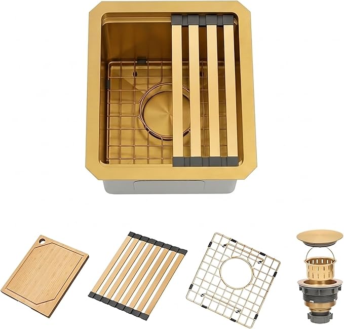 Gold Bar Sink 13 x 15 Inch, Gold Undermount Kitchen Sinks,16 Gauge SUS304 Stainless Steel All in One Workstation Sinks with Accessories,13" x 15" x 10" Small Kitchen Sink For Wet Bar and RV