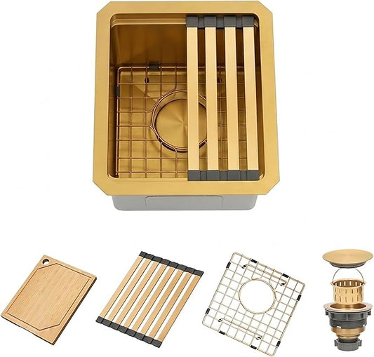 Gold Bar Sink 13 x 15 Inch, Gold Undermount Kitchen Sinks,16 Gauge SUS304 Stainless Steel All in One Workstation Sinks with Accessories,13" x 15" x 10" Small Kitchen Sink For Wet Bar and RV