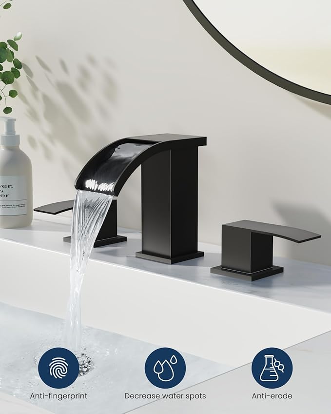gotonovo Waterfall 8 inch Widespread Bathroom Faucet Set Bathroom Sink Faucet 3 Hole 2 Handle Vanity Lavatory Deck Mount with Pop Up Drain and Water Supply Lines Square Body Matte Black