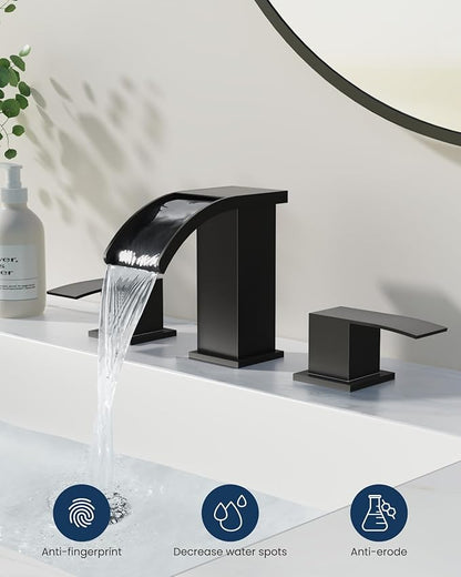 gotonovo Waterfall 8 inch Widespread Bathroom Faucet Set Bathroom Sink Faucet 3 Hole 2 Handle Vanity Lavatory Deck Mount with Pop Up Drain and Water Supply Lines Square Body Matte Black