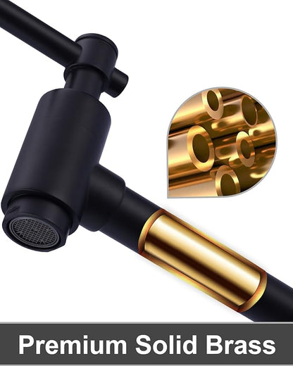 Pot Filler Faucet Wall Mount, Folding Kitchen Faucet with Double Joint Swing Arm, Single Hole Stretchable Brass Faucet with 2 Handles, Black Pot Filler Above Stove