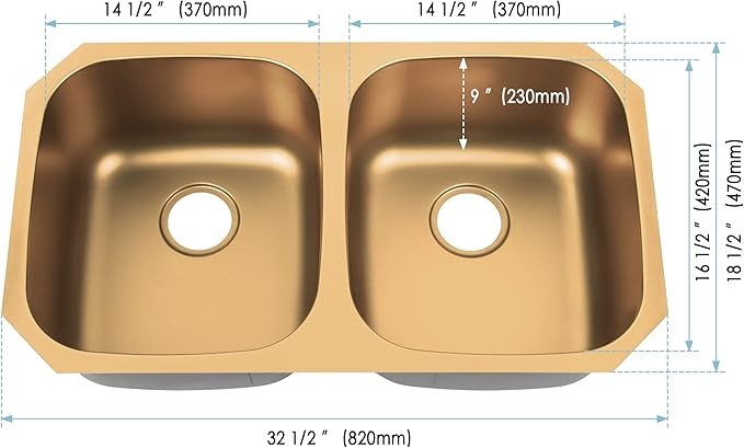 LQS Brushed Gold Kitchen Sink, 32 Inch Undermount Kitchen Sink Gold, Double Kitchen Sink Stainless Steel with Two Sink Strainers and Two Sink Grids