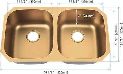LQS Brushed Gold Kitchen Sink, 32 Inch Undermount Kitchen Sink Gold, Double Kitchen Sink Stainless Steel with Two Sink Strainers and Two Sink Grids