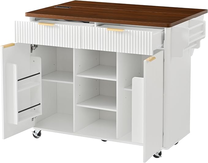 Modern Dining Table 52in Fluted Kitchen Island with Drop, Power Outlet, Cart with Shelves, 2 Doors 2 Drawers, Rolling Table for Kitchen Living Room,White-MDF