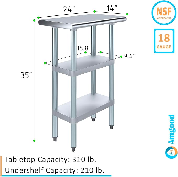 Stainless Steel Work Table with 2 Shelves | Kitchen Island Food Prep | Laundry Garage Utility Bench | NSF Certified (24" Long x 14" Deep)
