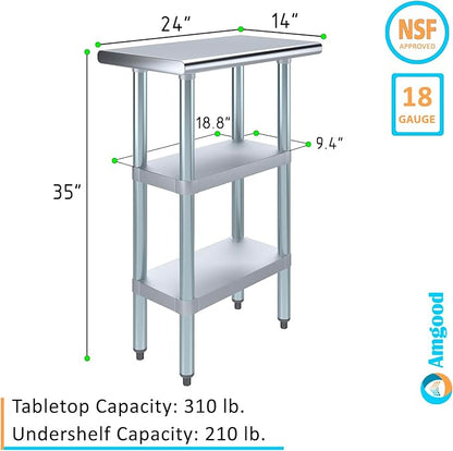 Stainless Steel Work Table with 2 Shelves | Kitchen Island Food Prep | Laundry Garage Utility Bench | NSF Certified (24" Long x 14" Deep)