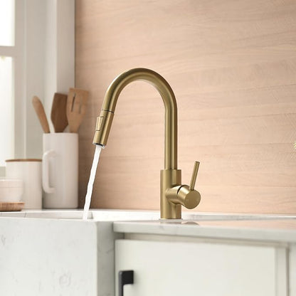 Cenosa Modern Bar Sink Faucet for Kitchen Sink Single Handle with Pull Out Sprayer Hot and Cold Prep Sink Faucet Brushed Gold