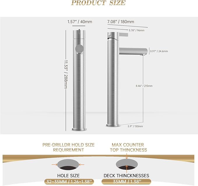 Phiestina Single Hole Tall Brushed Nickel Vessel Bathroom Sink Faucet, One Hole Single Handle Modern Bathroom Faucet, with Pop Up Drain and Water Supply Line,FH01-BN-V