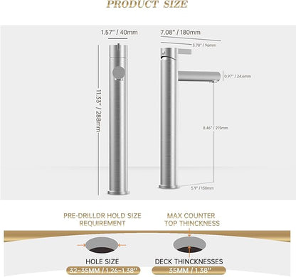Phiestina Single Hole Tall Brushed Nickel Vessel Bathroom Sink Faucet, One Hole Single Handle Modern Bathroom Faucet, with Pop Up Drain and Water Supply Line,FH01-BN-V