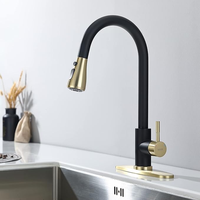 Keer Matte Black Single Handle Pull Down Kitchen Faucet with Soap Dispenser, 3 Modes Sprayer, Easy Assembly, Single Handle High Arc Stainless Steel Faucet.