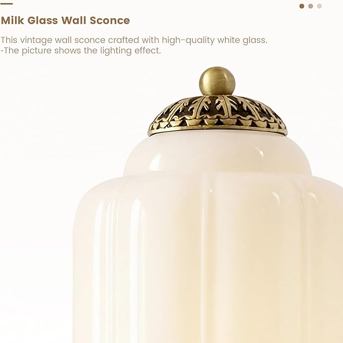 Vintage Milk White Glass Wall Sconce - Milk Glass Shade Antique Brass Indoor Wall Light for Bedroom, Living Room, and Hallway