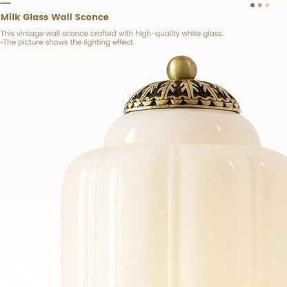 Vintage Milk White Glass Wall Sconce - Milk Glass Shade Antique Brass Indoor Wall Light for Bedroom, Living Room, and Hallway