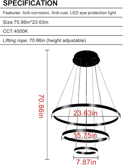 Viruhaka Modern LED Pendant Light, Black Circular Chandelier Fixture, Adjustable Height Circular Entrance Pendant Light, Suitable for Restaurants, Kitchens, Islands, Living Rooms, Cafes, Etc. (4000K)