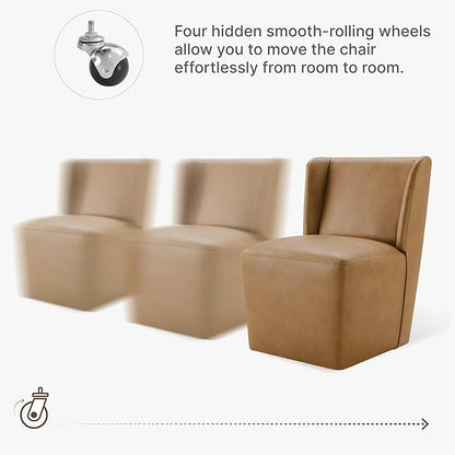 KISLOT Upholstered Dining Chairs Set of 1 with Casters, Wingback Modern Side Armless Deskchair with Rollers for Diningroom Bedroom Livingroom Reading Room, Brown Faux Leather