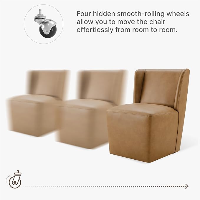KISLOT Upholstered Dining Chairs Set of 2 with Casters, Wingback Modern Side Armless Deskchair with Rollers for Diningroom Bedroom Livingroom Reading Room, Brown Faux Leather